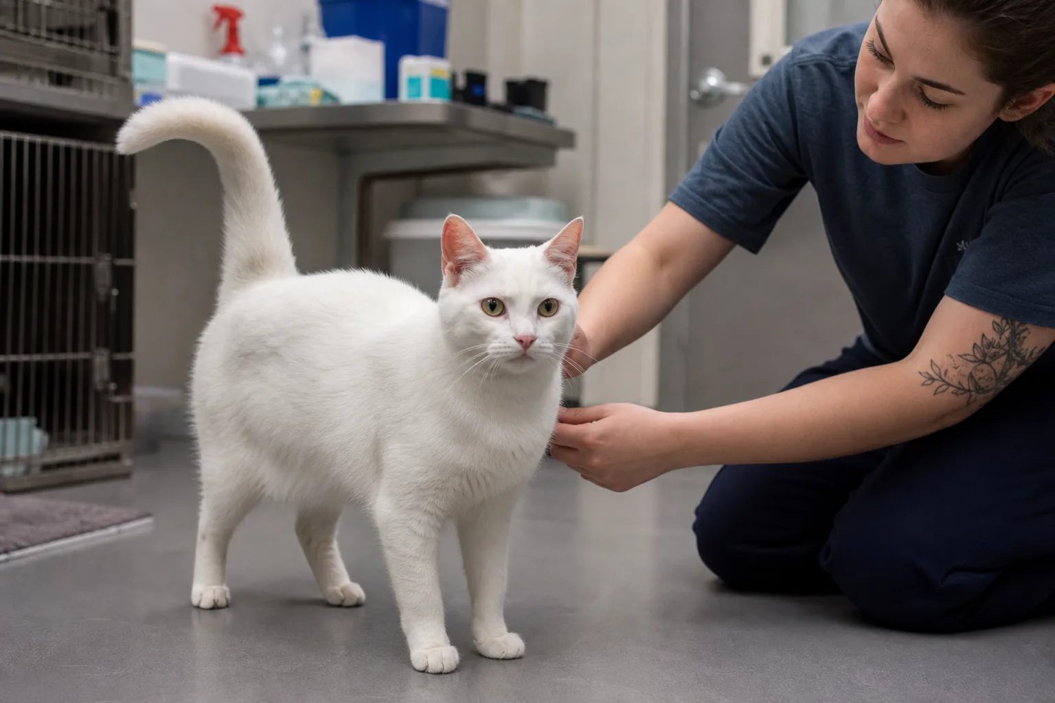 Shelter worker gently observing an ordinary white domestic cat during intake