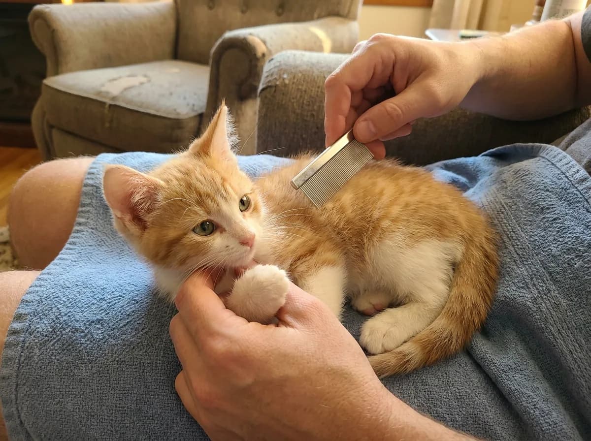 Supported ginger kitten being gently combed on an adult’s lap