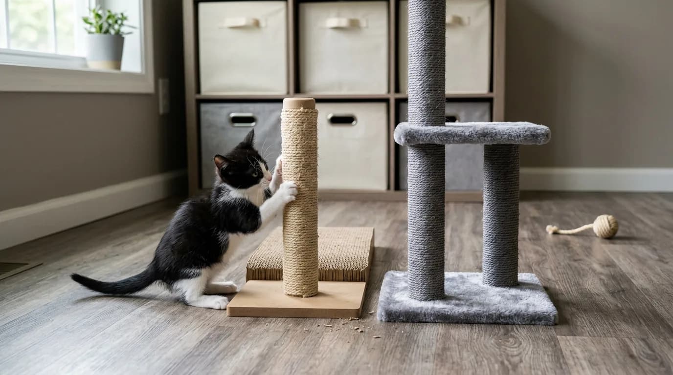 A tuxedo kitten using a low scratching post beside a starter cat tree.