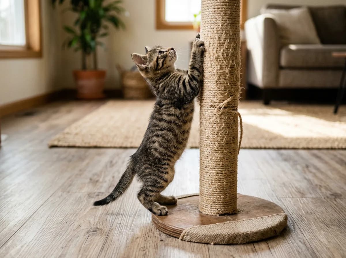 Tabby kitten reaching up a rope-covered post with visible loose strands.