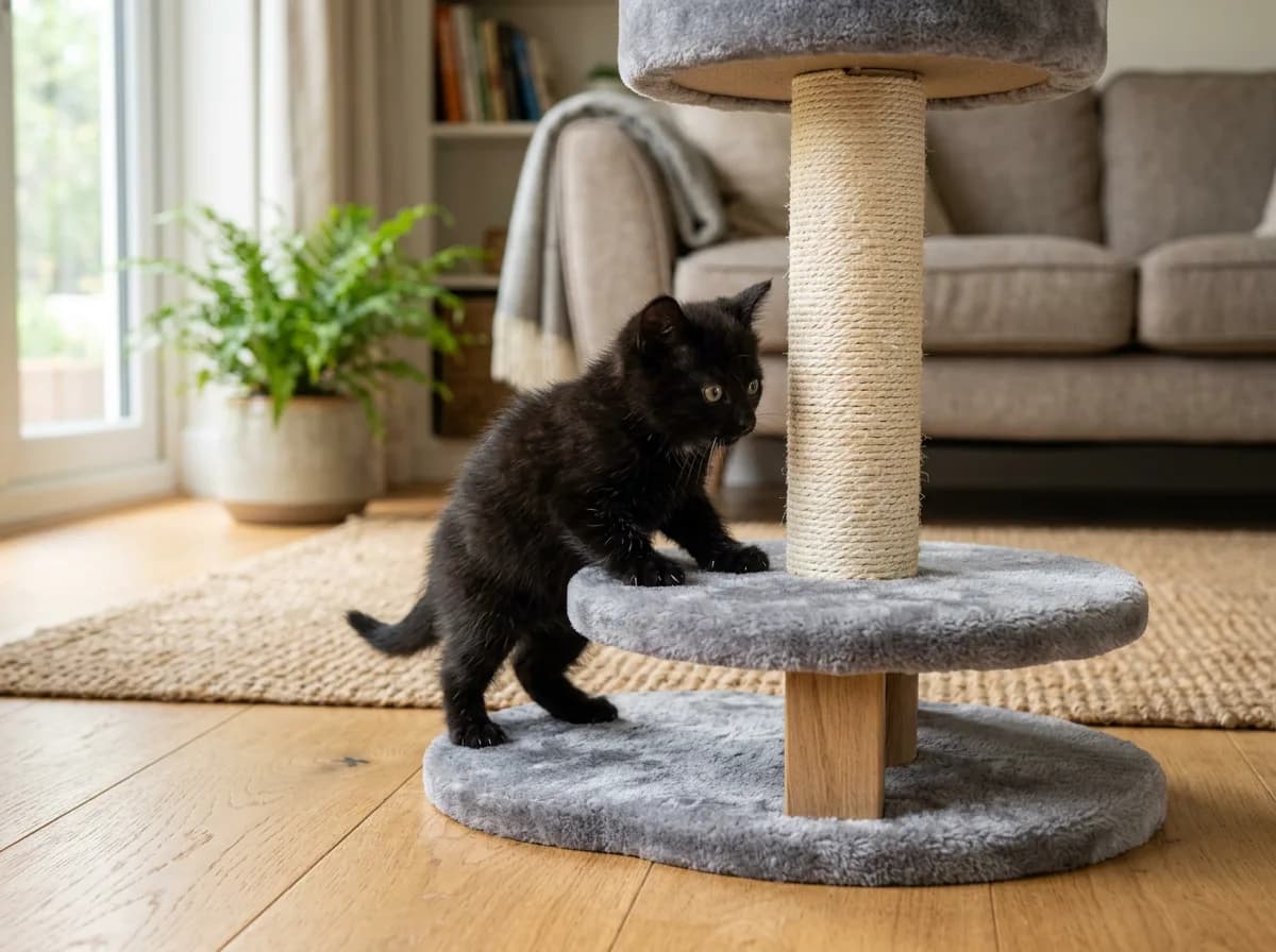 Black kitten placing its front paws on a low cat-tree platform.