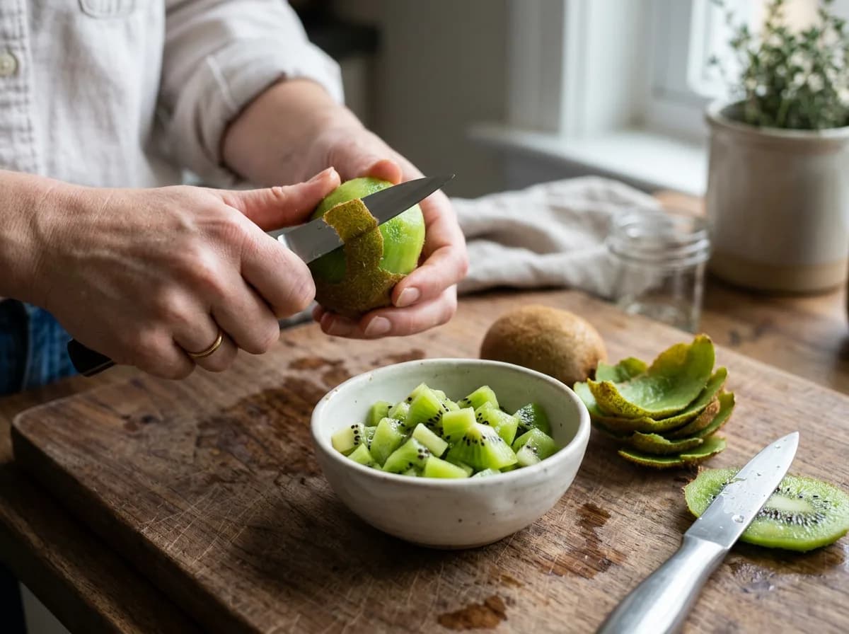Hands peeling and dicing green kiwi into small cubes for a dog