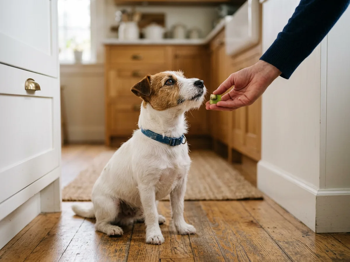 Small Jack Russell terrier being offered a bite-sized piece of kiwi as a treat