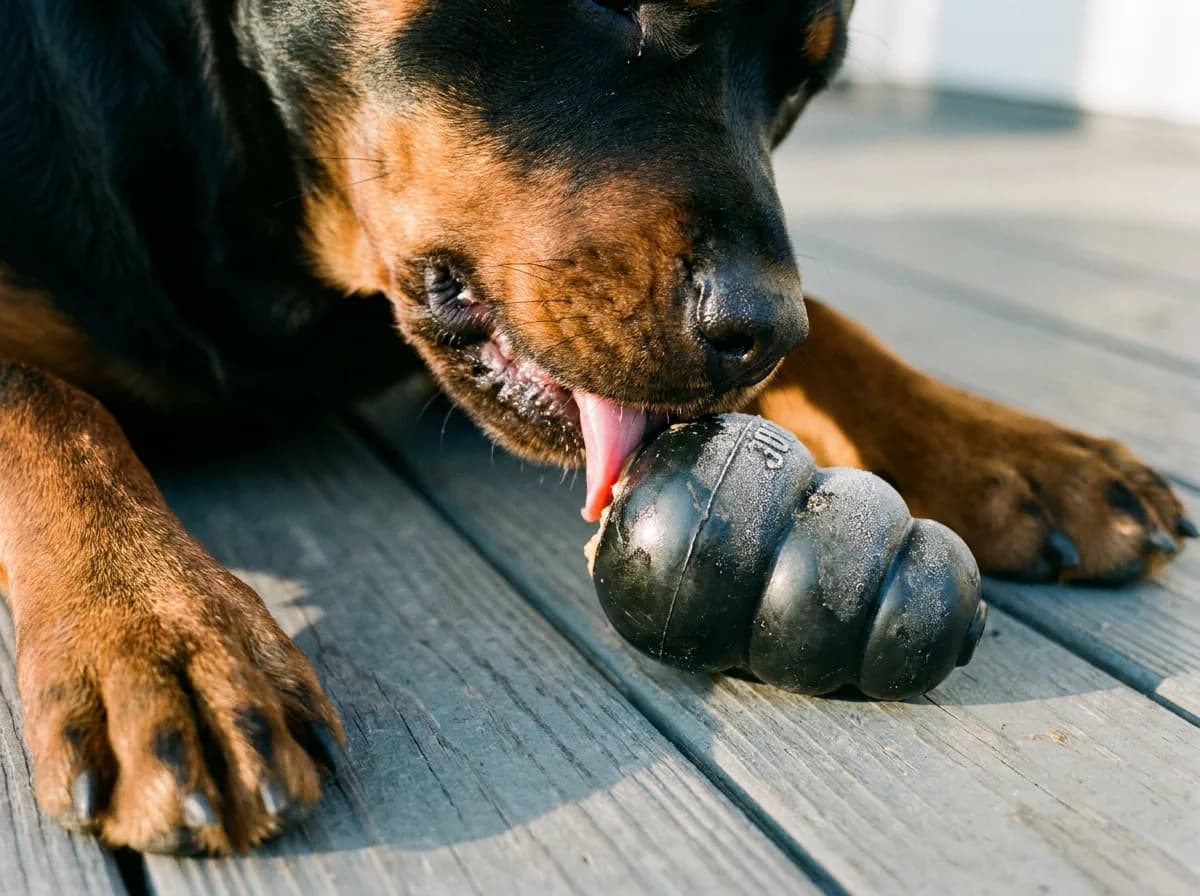Close-up of a Rottweiler on gray porch boards licking frozen filling from the opening of a black hollow rubber chew toy
