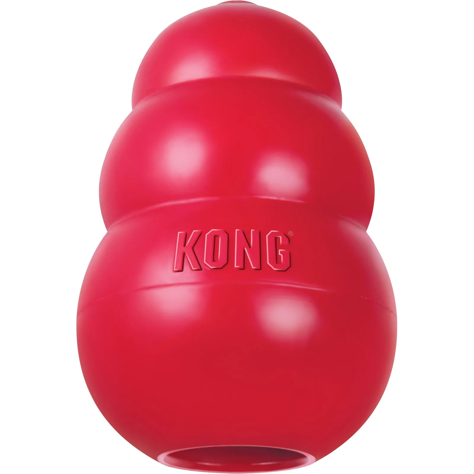 Red KONG Classic shown with its large base opening visible.
