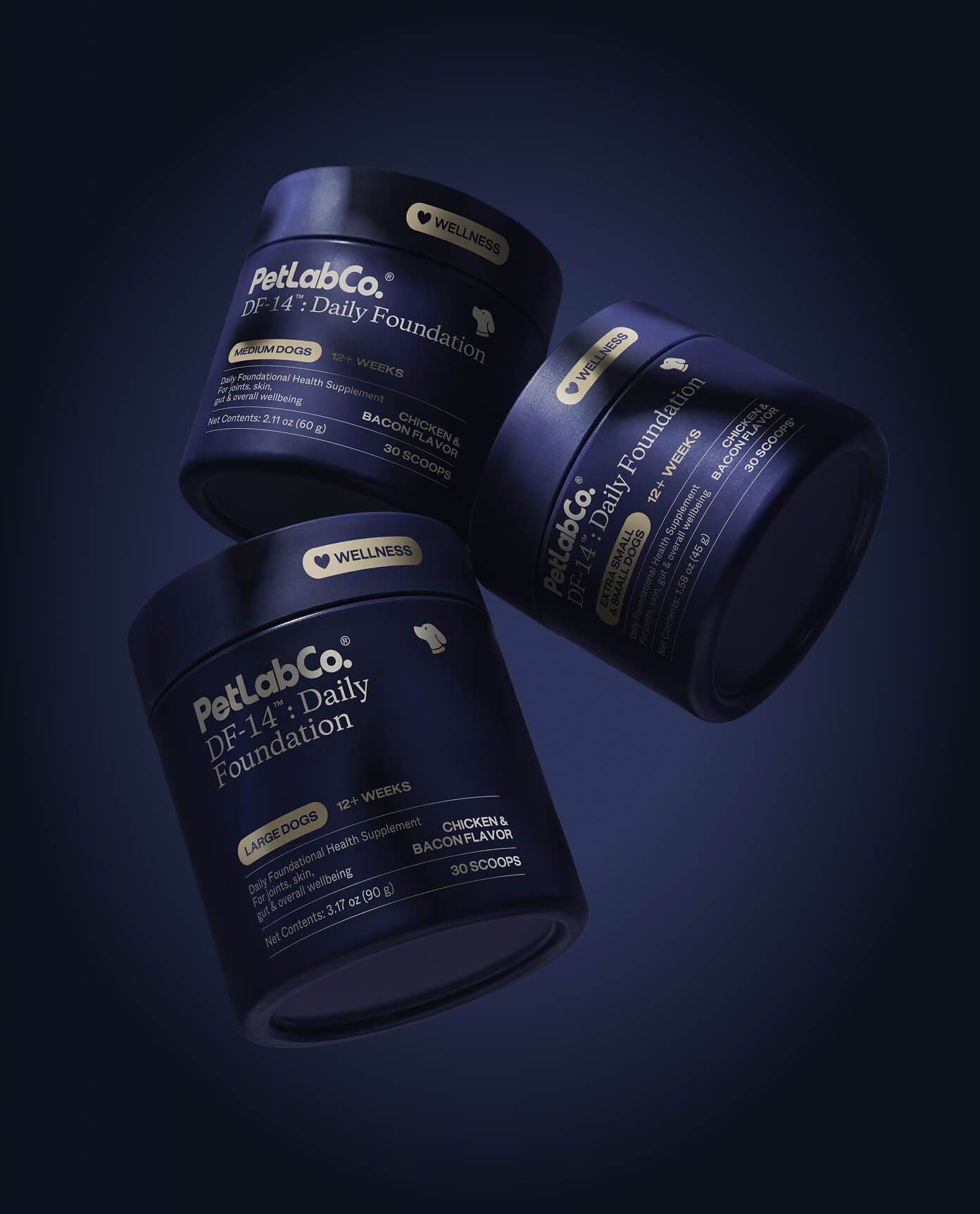 Three DF-14 Daily Foundation tubs photographed against a dark background.