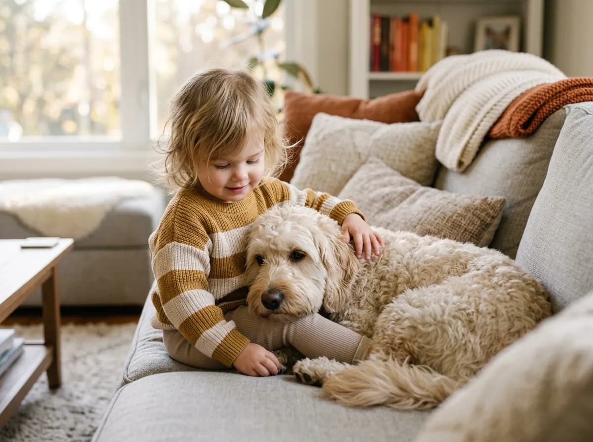 A cream Labradoodle resting its head affectionately on a child's lap on a living-room sofa as the child gently strokes its wavy coat.