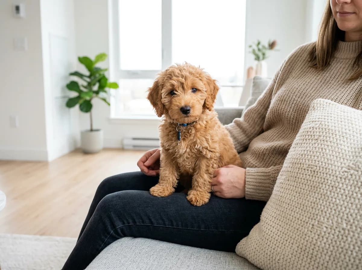 A small apricot Mini Labradoodle sitting on a person's lap in a bright modern apartment, showing its compact size.