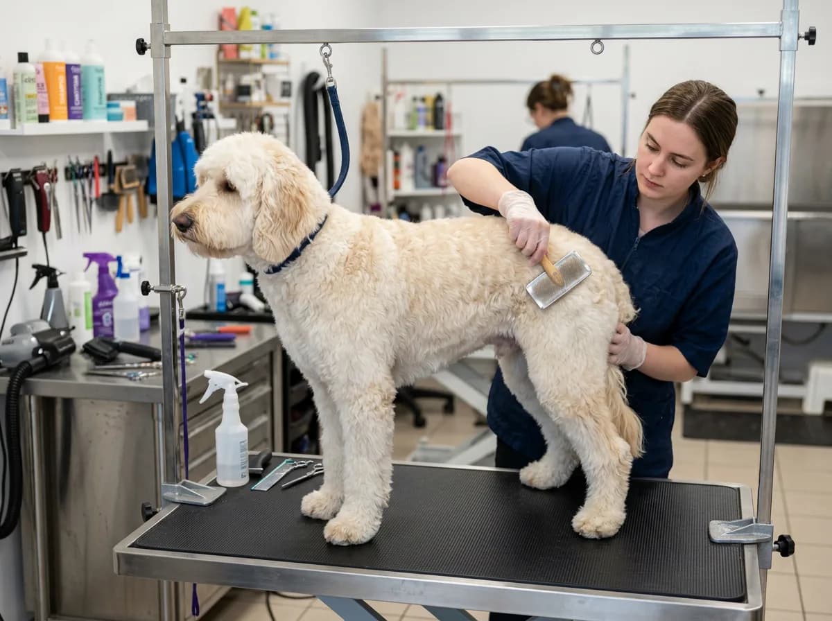 A cream Labradoodle standing on a grooming table while a groomer brushes out its wavy fleece coat at a pet salon.