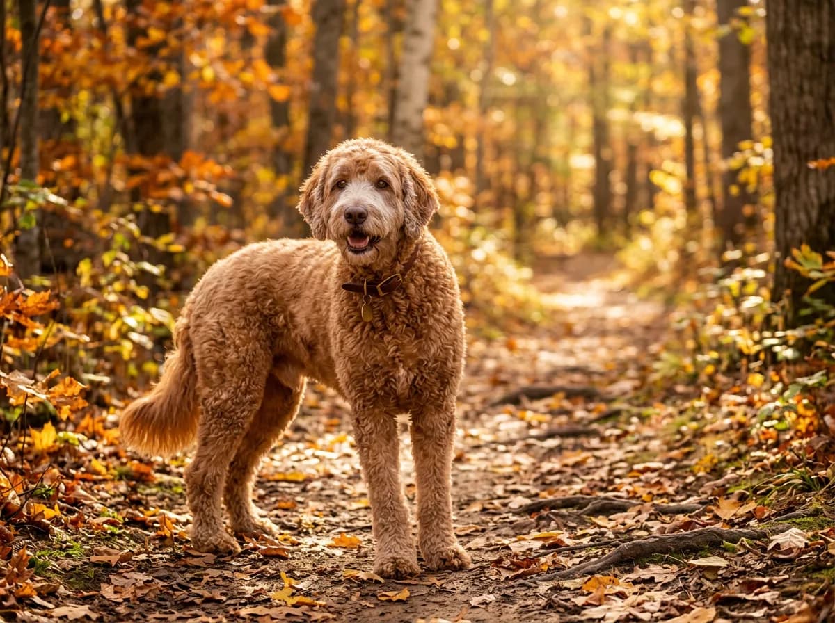 A senior apricot Labradoodle with a greying muzzle being examined with a stethoscope by a veterinarian on a clinic exam table.