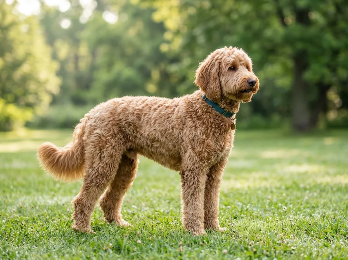 An apricot standard Labradoodle standing on a grassy park lawn in soft morning light, shown in full-body three-quarter profile.