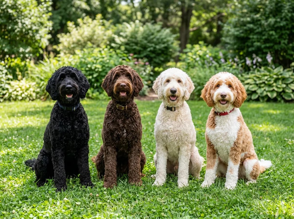 Four Labradoodles of different coat colors (black, chocolate, cream, and apricot-and-white parti) sitting together on a sunlit lawn.
