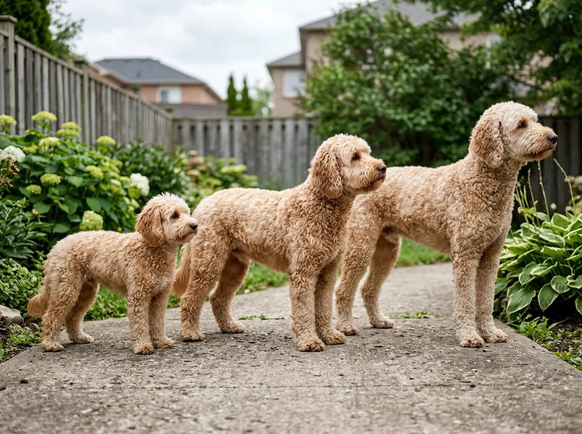 Three cream and apricot Labradoodles of mini, medium, and standard size standing side by side on a garden path to show the size difference.