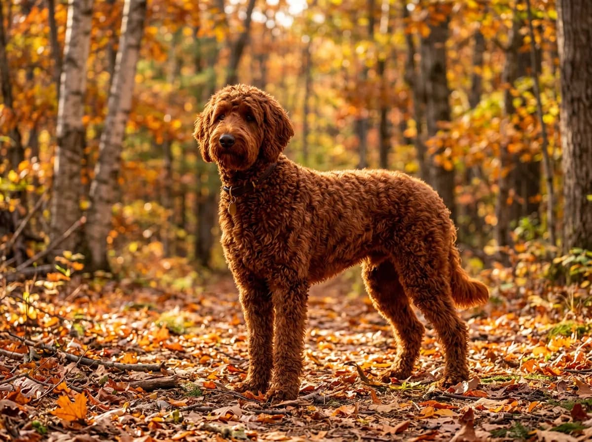 A deep, richly saturated red Labradoodle standing among fallen autumn leaves in a forest at golden hour, showcasing a rare non-fading red coat