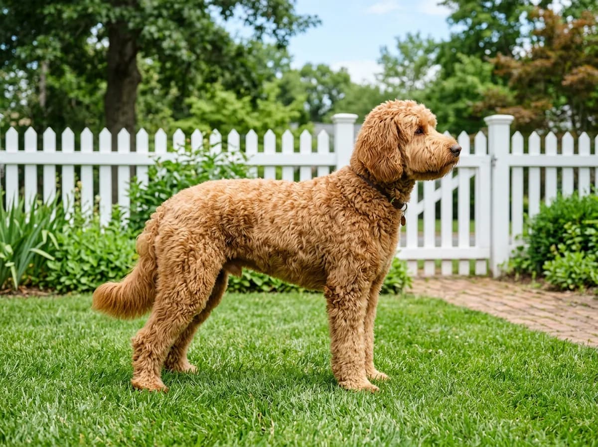 A caramel-colored Australian Labradoodle with a soft wavy fleece coat standing in full side profile on a lawn beside a white picket fence, showing the breed-standard fleece coat