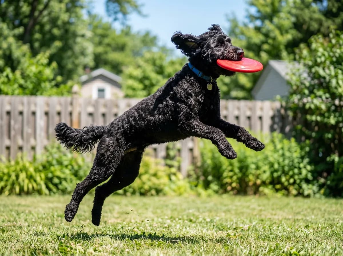 A glossy black Labradoodle leaping through the air to catch a red frisbee in a fenced backyard, showing an energetic, playful temperament unrelated to coat color