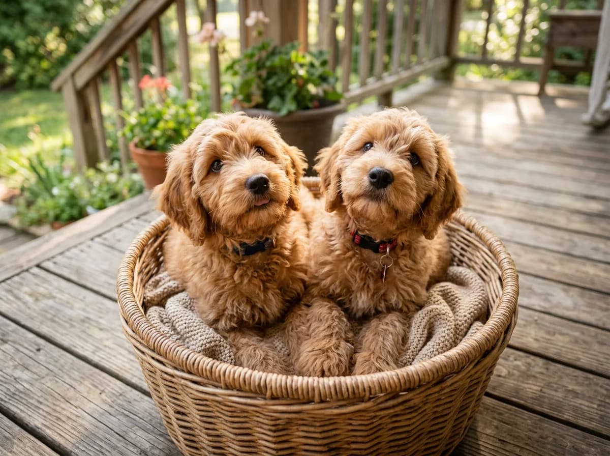 Two fluffy apricot Labradoodle puppies sitting together in a woven wicker basket on a sunlit porch, looking up, representing the higher cost of popular colored puppies