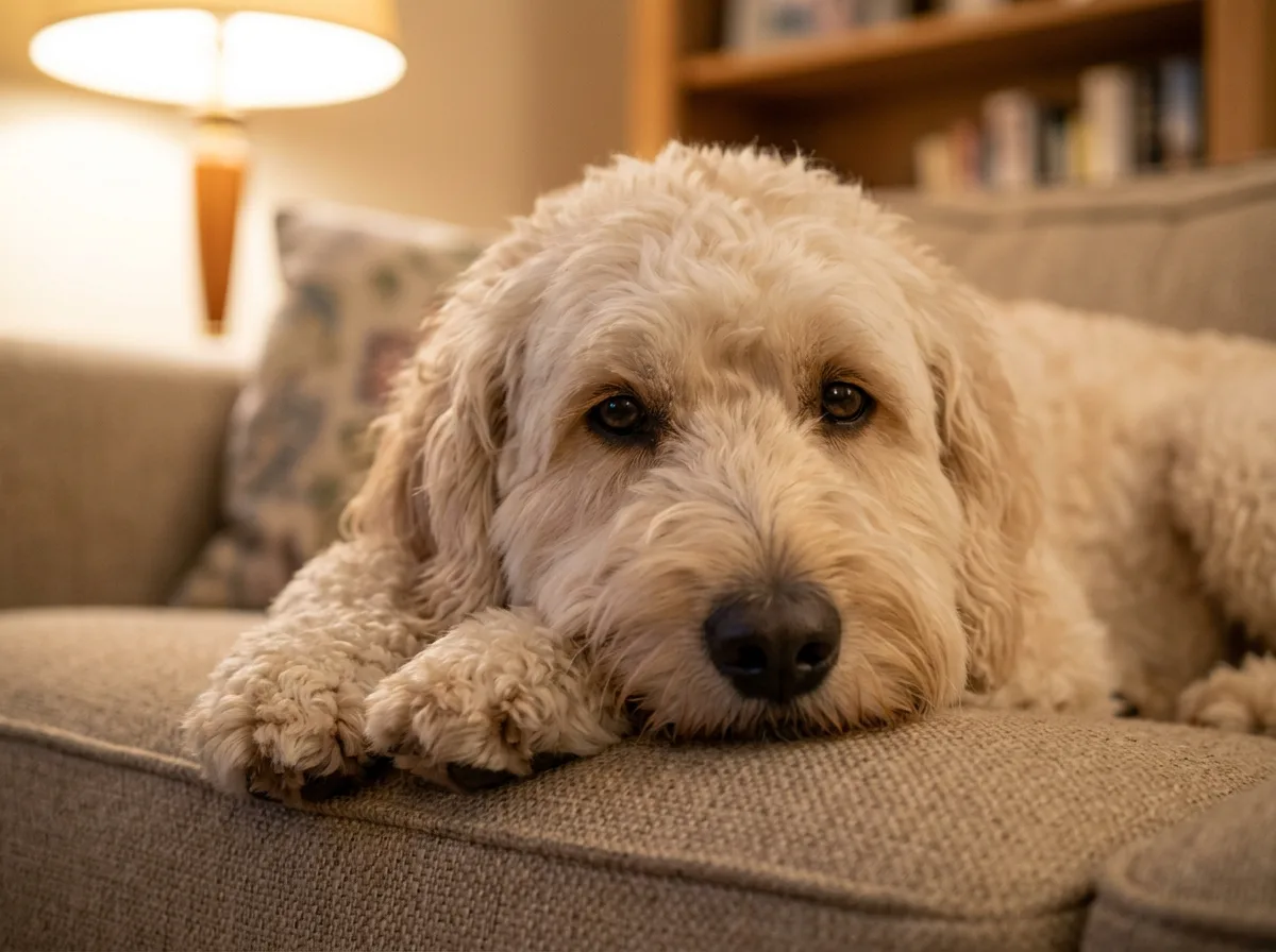 A cream-colored adult Labradoodle resting its head on its front paws on a cozy couch in warm evening lamplight, calm and content