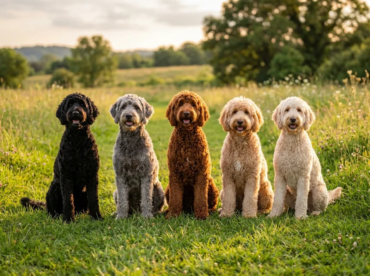 Five Labradoodles of different coat colors sitting in a row on grass in a sunny meadow, from black to silver-gray, red, apricot, and cream, showing the full range of Labradoodle colors