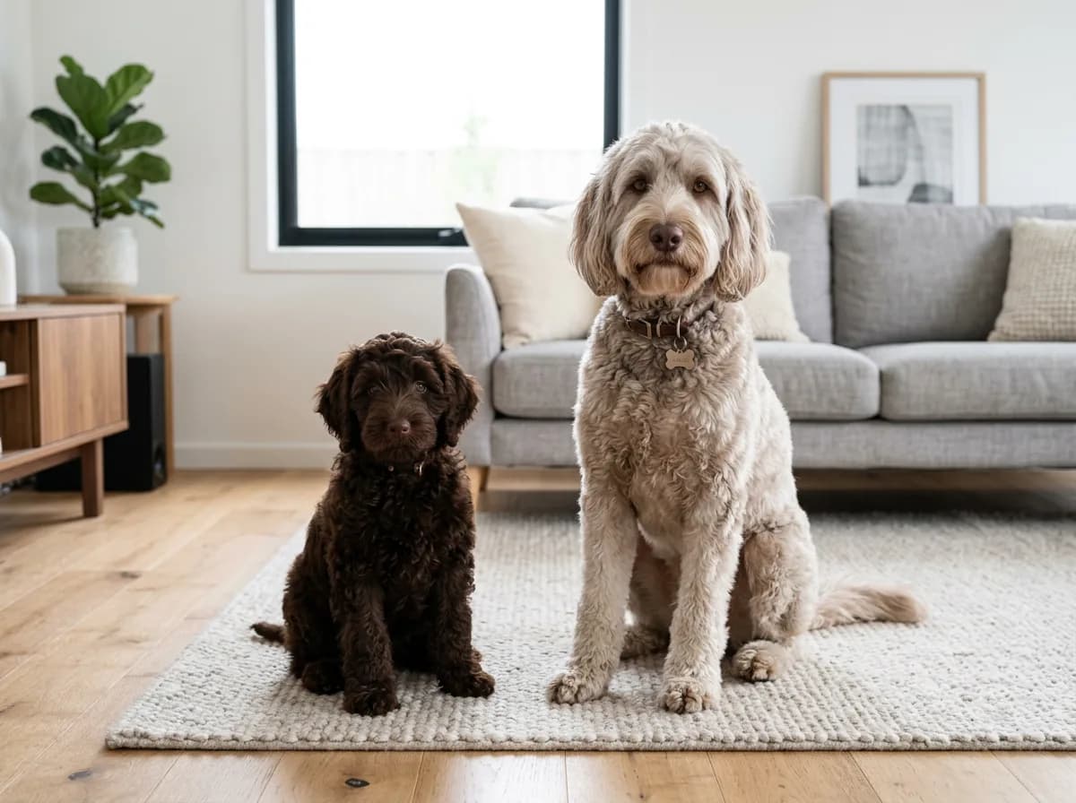 A dark chocolate Labradoodle puppy sitting beside an adult Labradoodle whose coat has cleared to pale silver-beige, in a bright living room, illustrating how the coat lightens with age