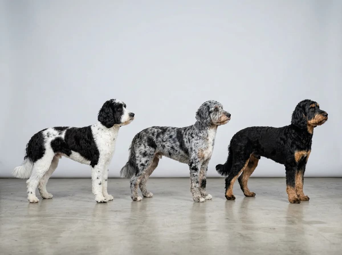 Three Labradoodles standing in profile against a plain studio backdrop showing three coat patterns side by side: a black-and-white parti, a blue merle, and a black-and-tan phantom