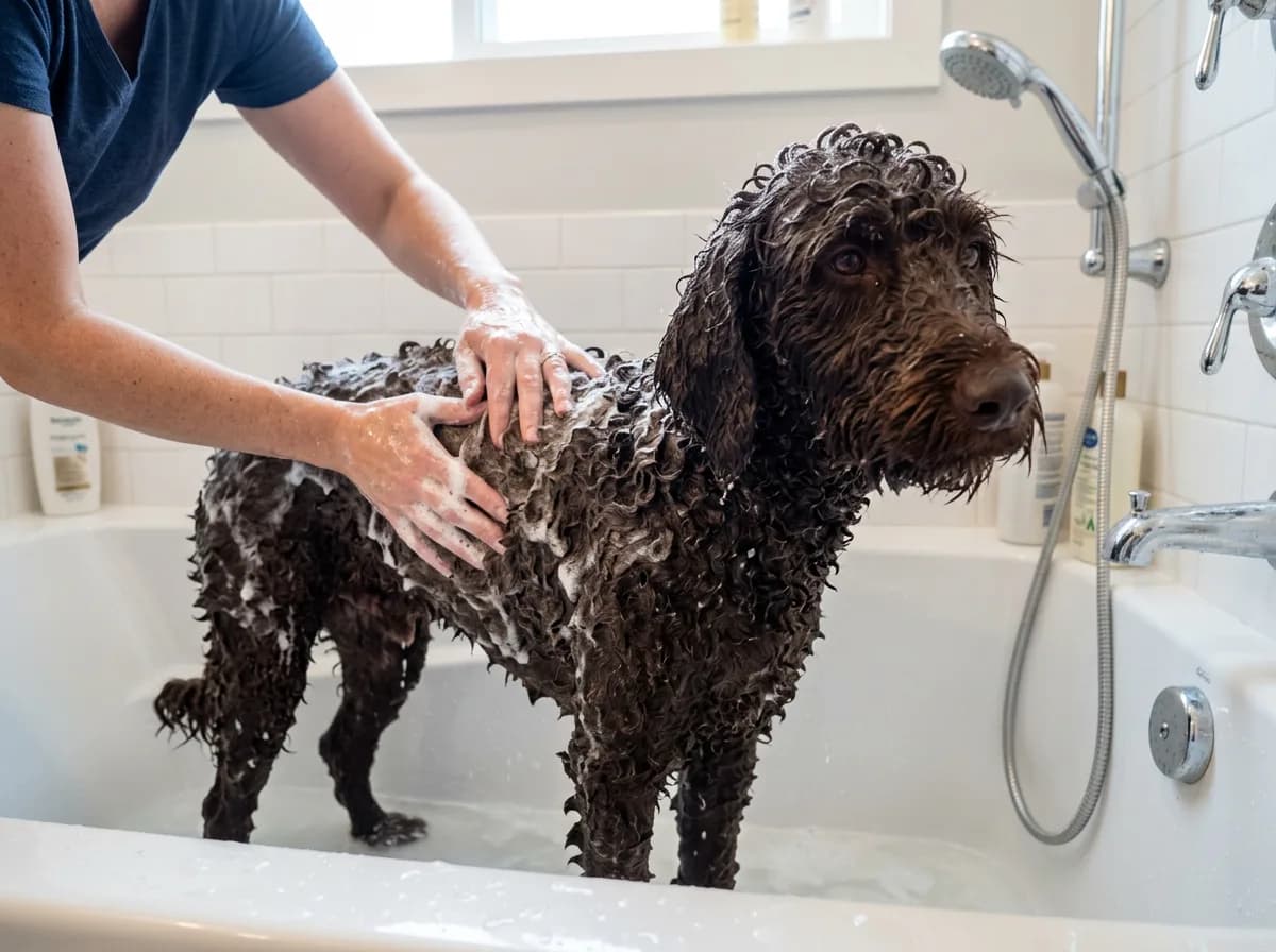 Dark chocolate wool-coated Labradoodle being bathed and lathered with shampoo in a white tub, its tight low-shedding curls soaked with suds