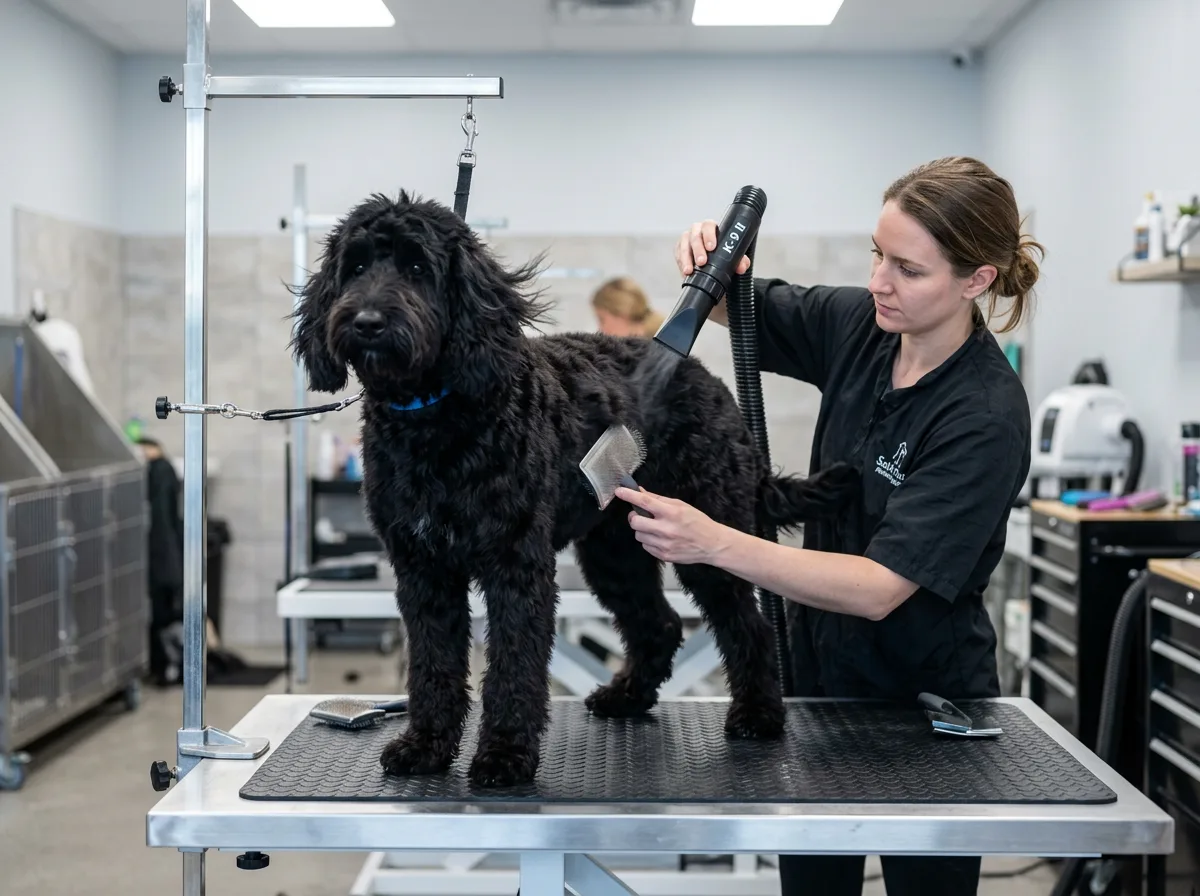 Black Labradoodle standing on a stainless-steel salon table while a professional groomer fluff-dries its wavy coat with a forced-air blow dryer