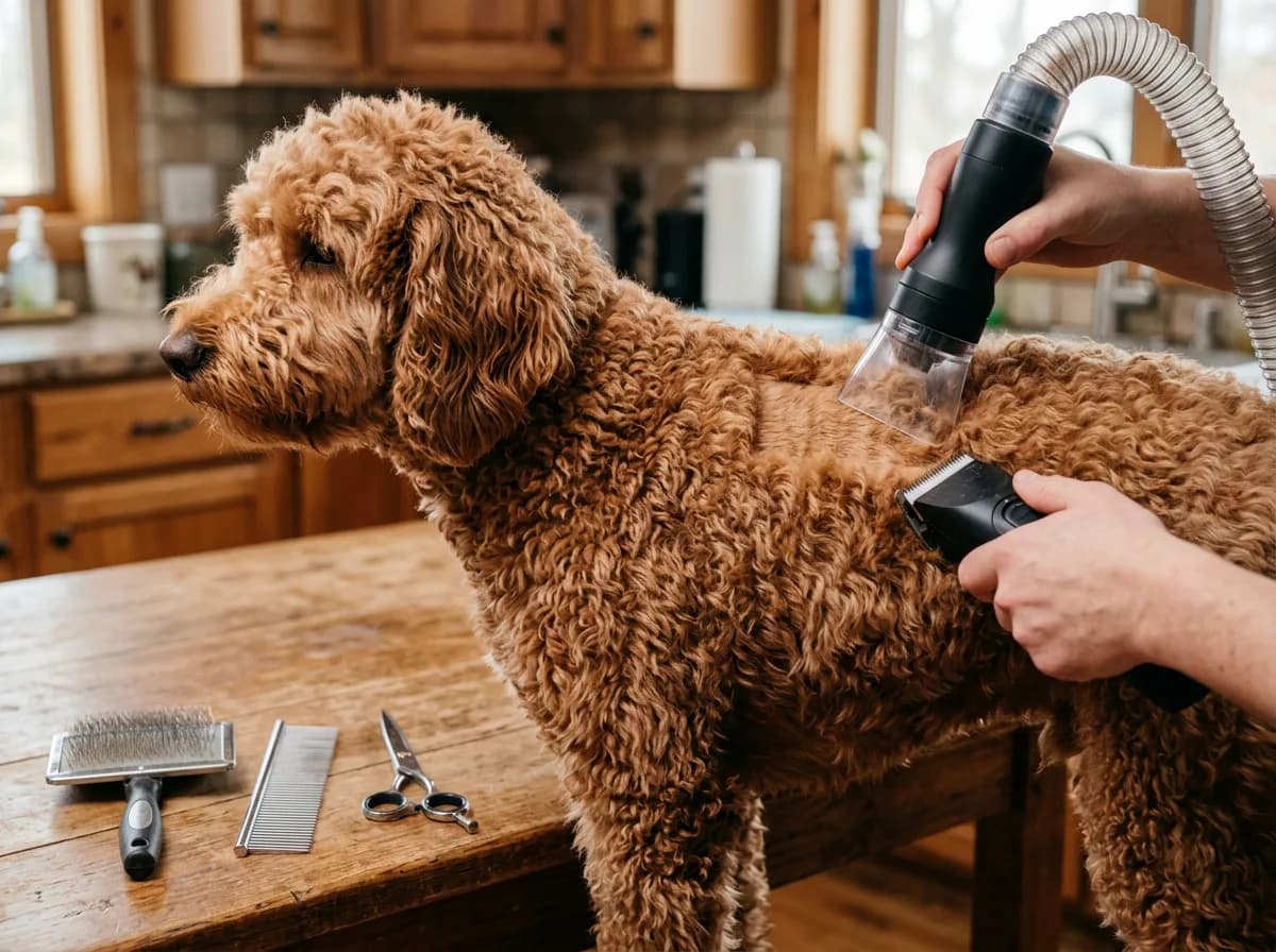 Red-apricot Labradoodle being clipped at home with a vacuum-attachment clipper, a slicker brush, steel comb, and scissors laid out on the wooden table