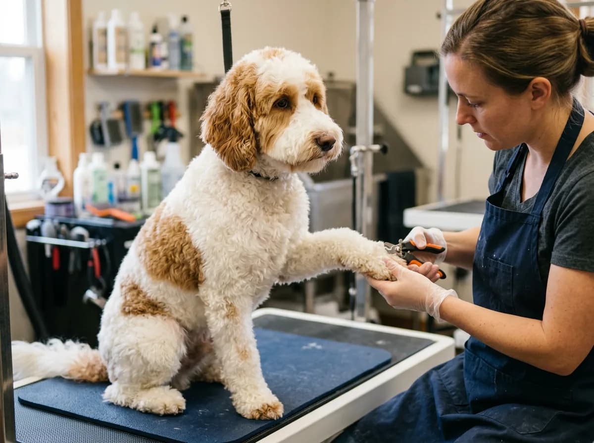 Parti-color white-and-caramel Labradoodle sitting on a salon table while a professional groomer trims a front paw's nails during a full-service groom