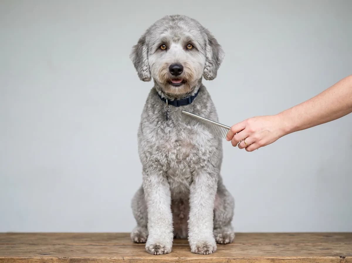 Freshly groomed silver-grey Labradoodle sitting upright with a clean even coat and tidy face as a stainless-steel comb glides through the shoulder fur with no snags