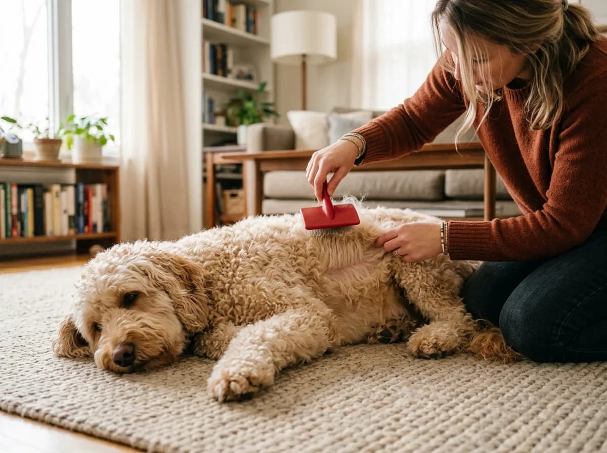 Owner line-brushing a cream fleece-coated Labradoodle with a red slicker brush at home, parting the coat to reach the skin and prevent matting