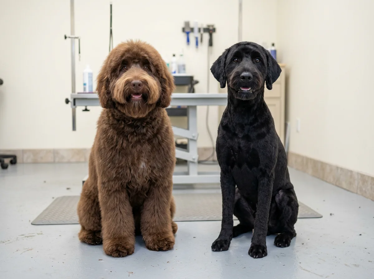 Two Labradoodles side by side comparing haircut styles: a chocolate Labradoodle in a plush rounded teddy bear cut and a black Labradoodle in a short kennel clip