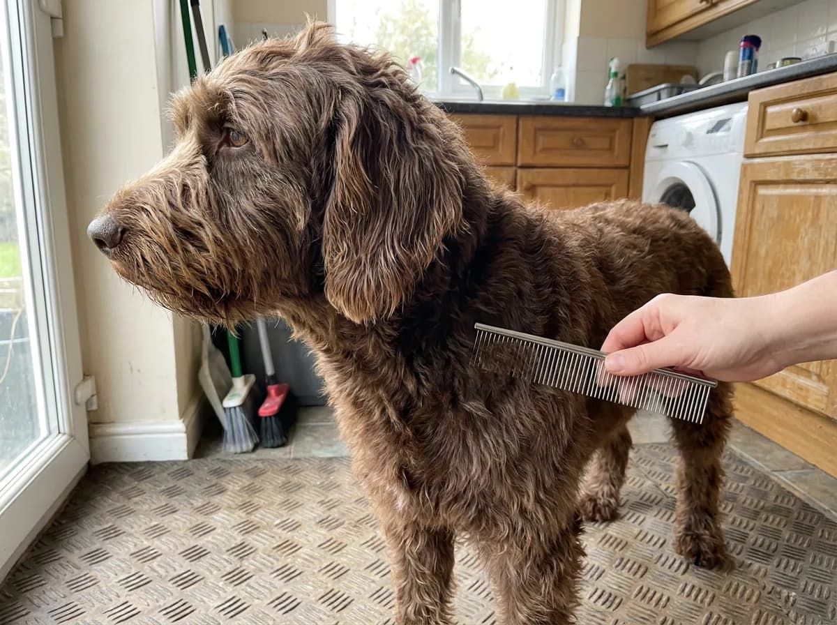 Owner gently combing the intact wavy coat of a chocolate Labradoodle.