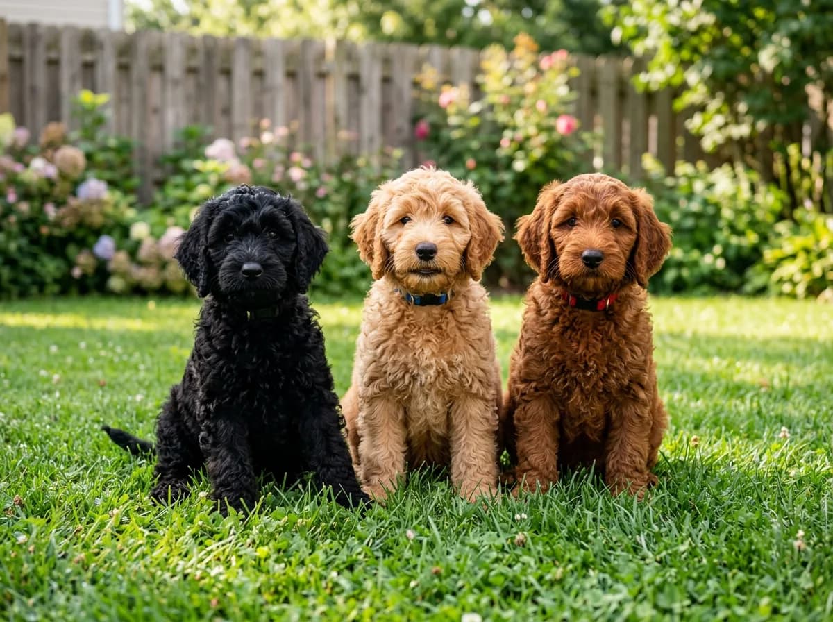 Three Labradoodle puppies of different coat colors, black, golden-apricot, and deep red, sit side by side on backyard grass, showing how color and type affect price