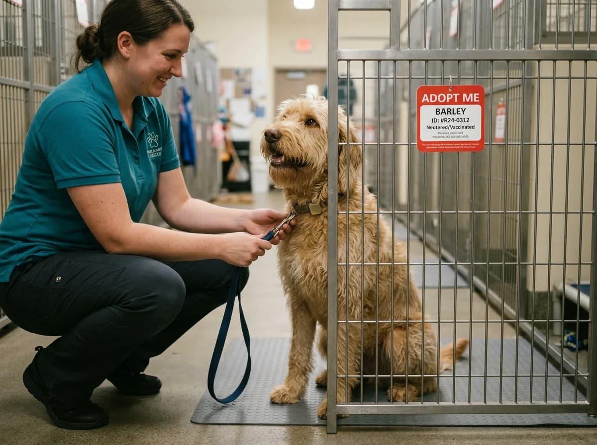 A rescue volunteer clips a leash onto an adult sandy-tan Labradoodle sitting behind a shelter kennel gate with an Adopt Me tag, showing adoption as a lower-cost route