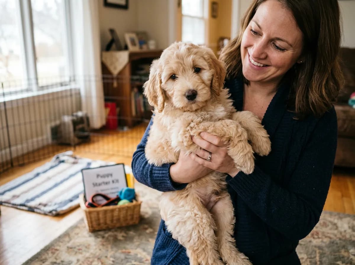 A new owner cradles a fluffy cream-and-apricot Labradoodle puppy at a breeder's home on pickup day, with a puppy starter kit on the floor nearby
