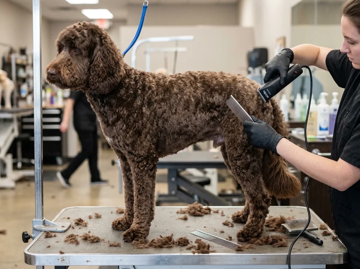 An adult chocolate-brown Labradoodle stands on a grooming table while a professional groomer clips its curly coat, illustrating the recurring cost of professional grooming