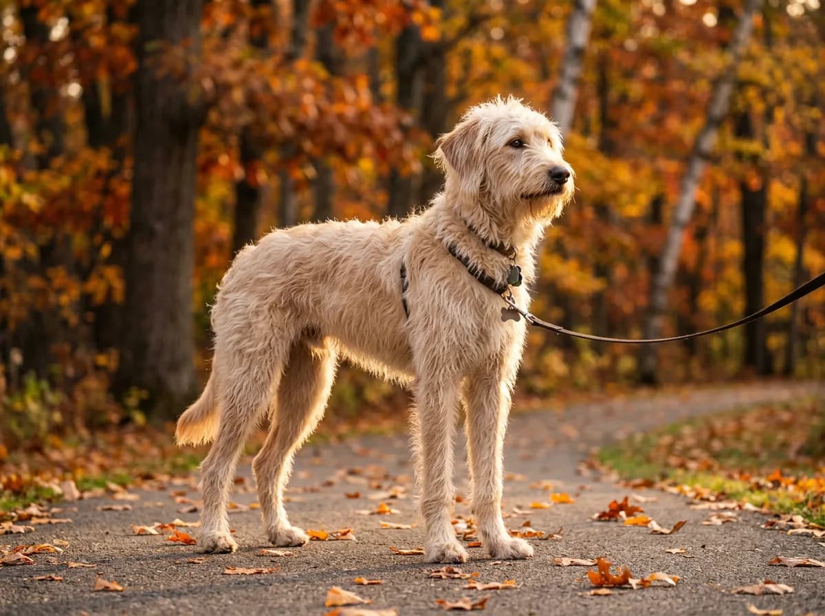 A lanky young-adult blonde cream Labradoodle standing at full height on an autumn park path in the leggy teenager growth phase