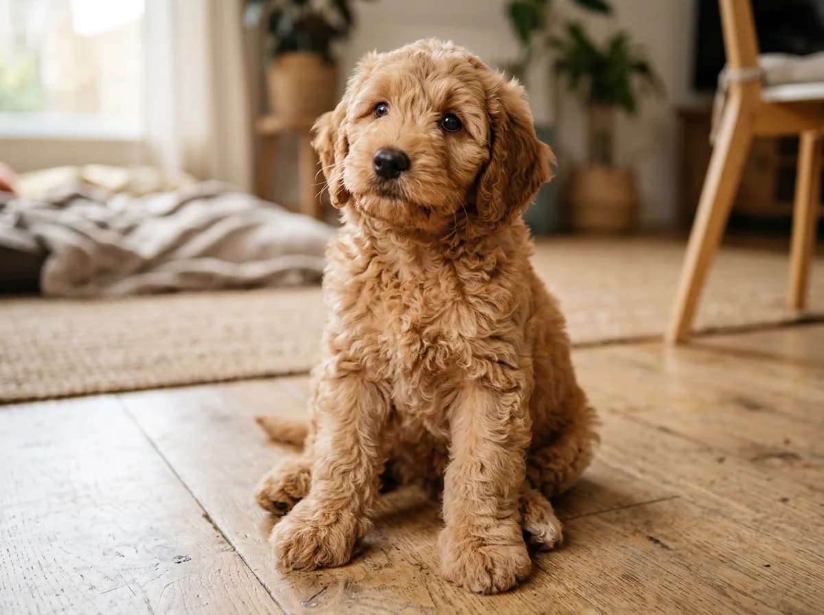 A fluffy apricot Labradoodle puppy on a wooden floor with oversized paws, a hint of the adult size it will grow into