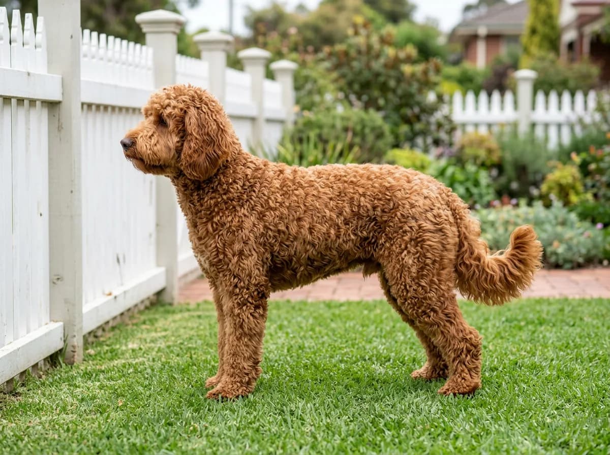 A red caramel Australian Labradoodle in side profile beside a white picket fence, showing its dense even fleece coat