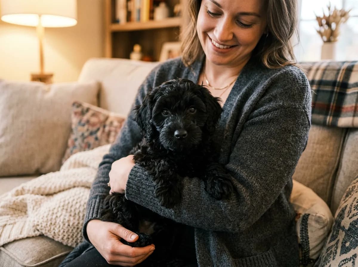 A small black mini Labradoodle cradled in a woman's arms on a sofa, showing how compact and liftable the mini size is