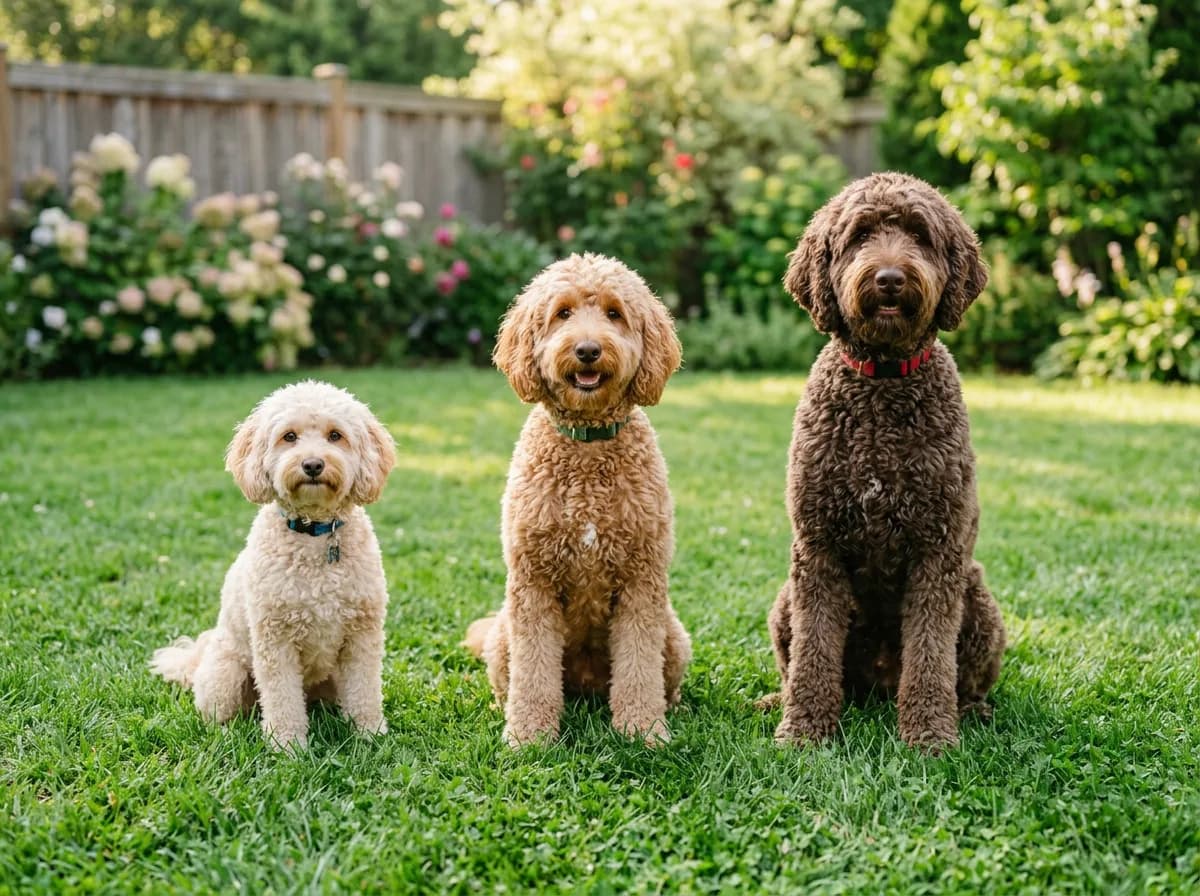 A miniature cream, medium apricot, and standard chocolate Labradoodle sitting in a row on a backyard lawn, showing the three size classes side by side
