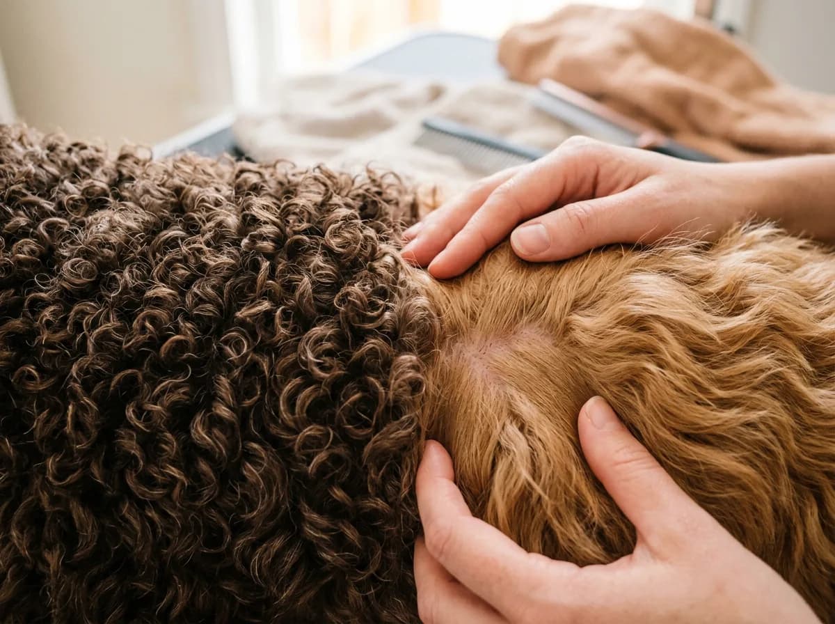 Close-up of a chocolate Labradoodle's tight curly wool coat beside a golden Goldendoodle's softer wavy coat as hands part the fur to reveal the differing textures.