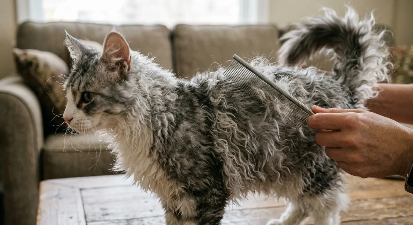 A longhaired LaPerm cat with a plumed curly tail and loose grey-and-white ringlets being gently combed with a metal comb, its rounded-wedge head and large flared tufted ears in profile, demonstrating how combing removes allergen-trapping shed hair from the curly coat