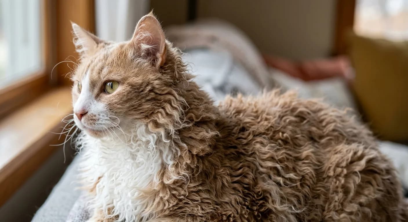 A close-up of a LaPerm cat showing its springy corkscrew ringlets and loose curls along the throat and chest, curly whiskers and kinked eyebrows visible, a soft caramel-and-white coat, demonstrating how the curls hold loose hair in place