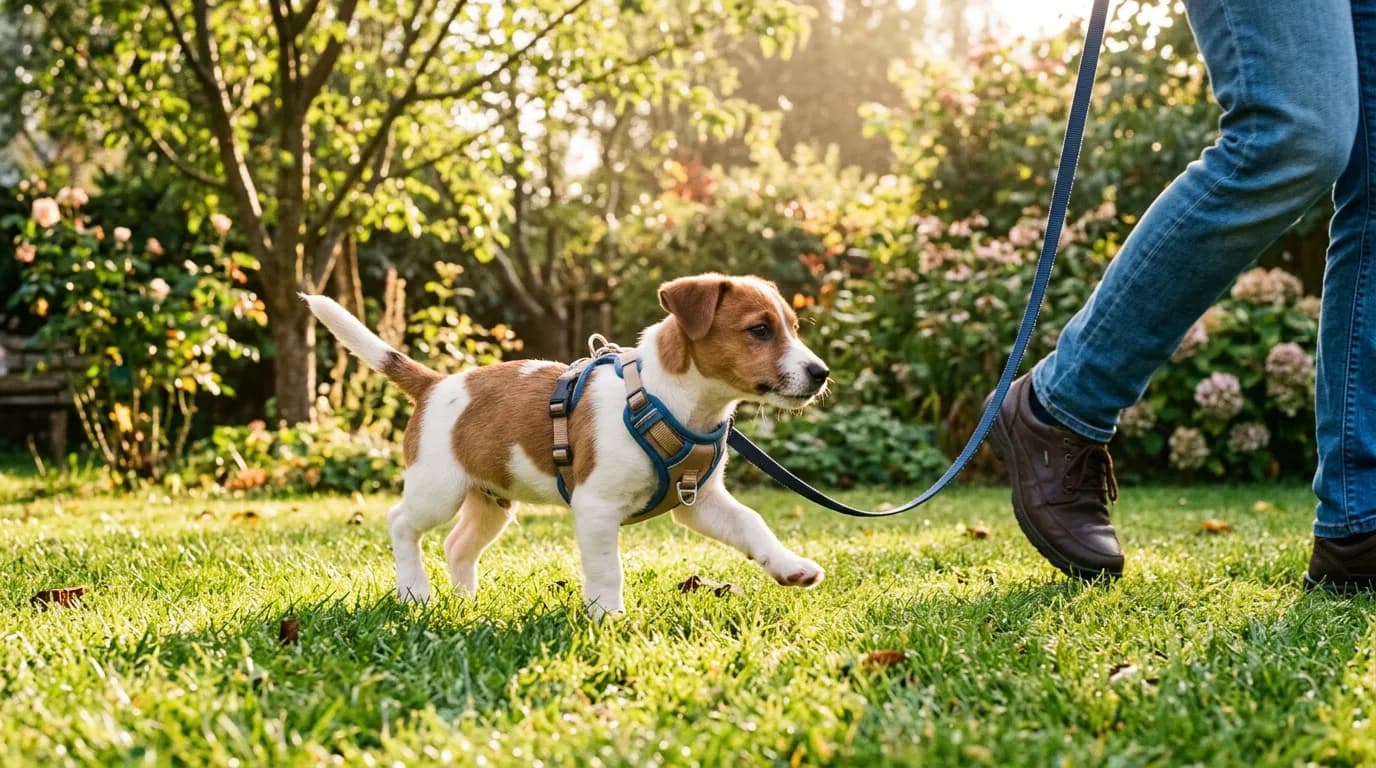 a small brown-and-white puppy in a Y-shaped front-clip harness stepping forward on a slack leash across a sunlit backyard lawn, handler's legs visible