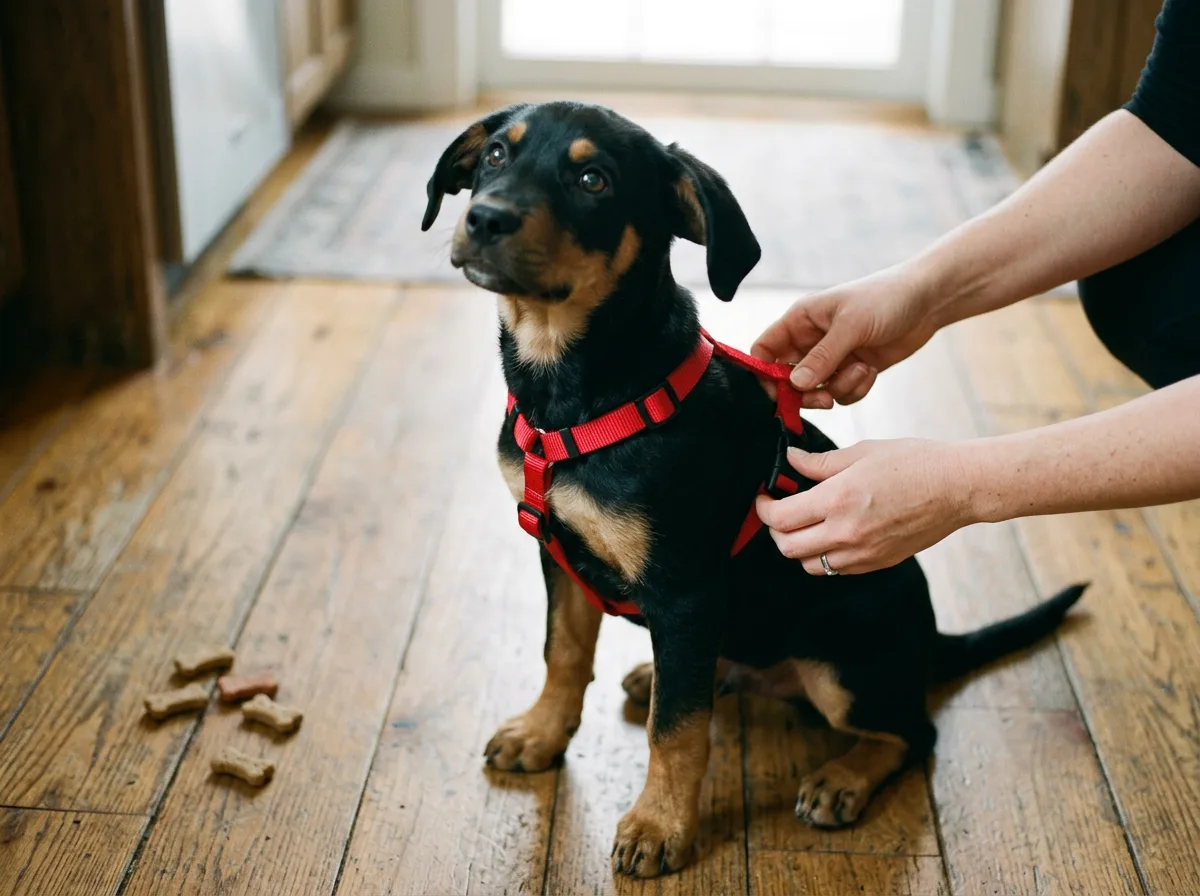 close-up overhead view of a person's hands fastening a red Y-shaped front-clip harness on a wiggly black-and-tan puppy sitting on a wooden kitchen flo