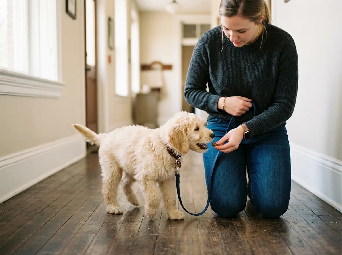 a cream-colored fluffy puppy walking beside a kneeling handler's leg indoors down a hallway, the handler's hand lowering a treat right at the seam of