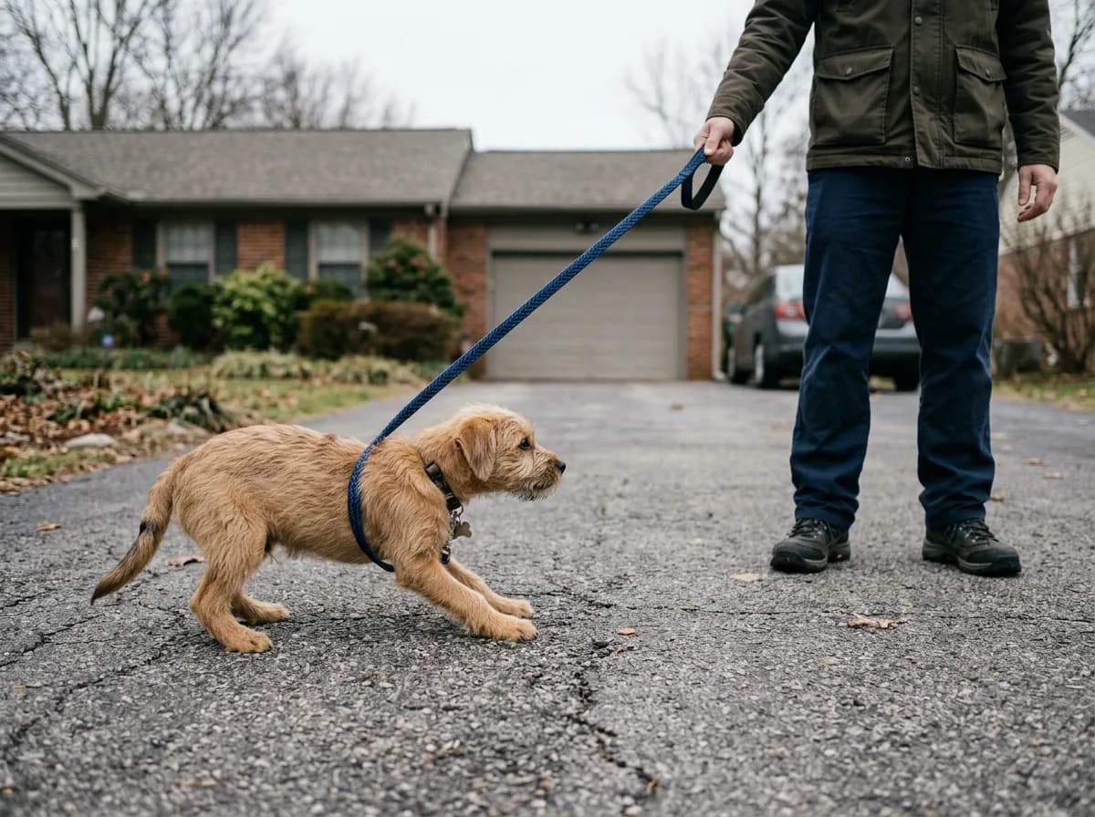 a tan puppy leaning into a taut leash on a quiet suburban driveway while the handler stands still and planted like a tree, low camera angle looking up