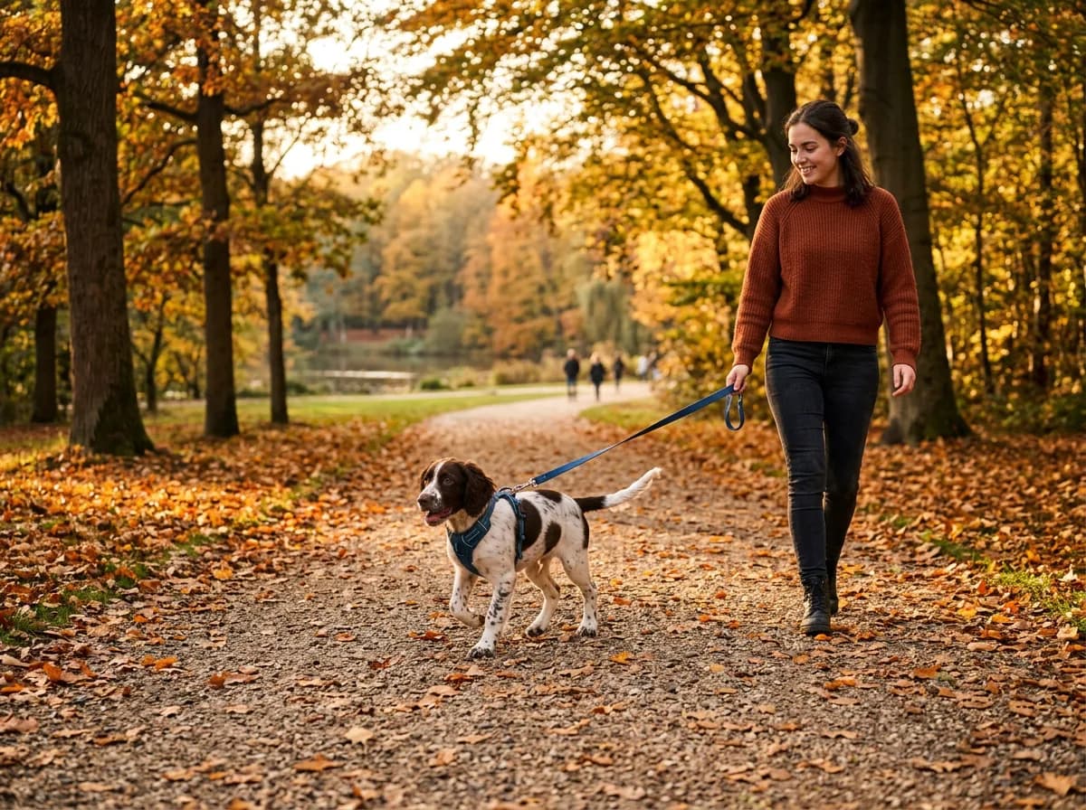 a young spotted puppy trotting confidently on a loose leash along a tree-lined park path beside its walker, autumn leaves on the ground, golden late-a